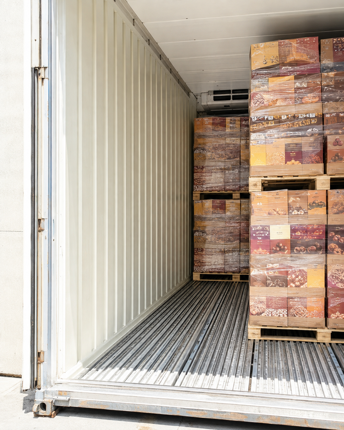 The interior of a refrigerated container loaded with shrink-wrapped pallets of packaged food cargo.