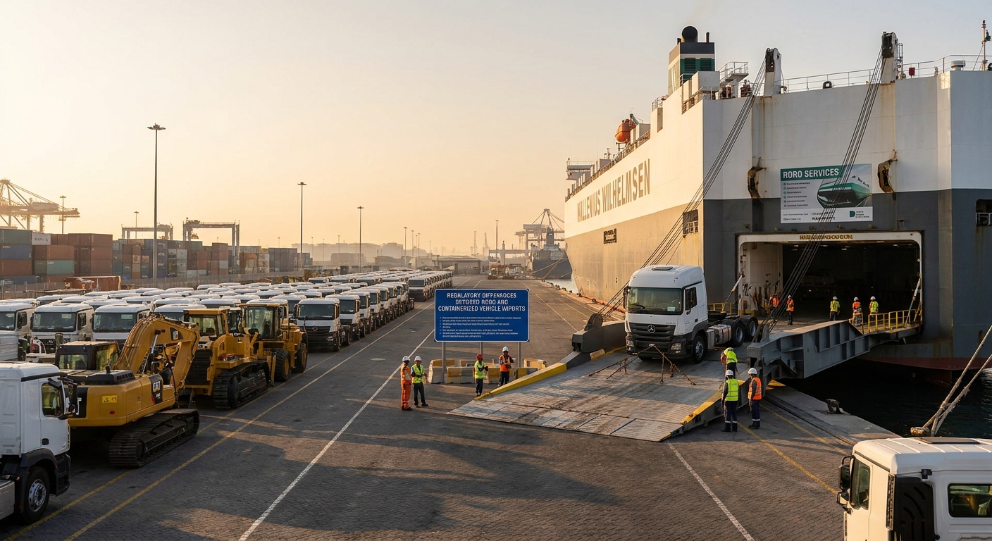 Operational documentary view of regulatory differences between roro and containerized vehicle imports in UAE logistics corridor