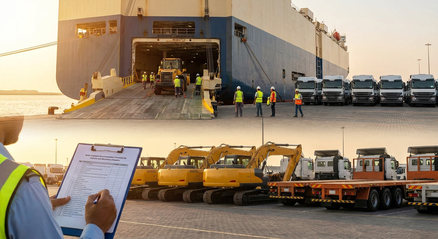 Operational documentary view of roro customs documentation checklist for vehicle and machinery imports in UAE logistics corridor