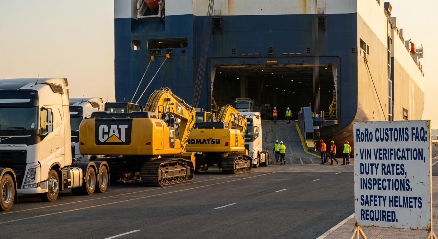 Operational documentary view of roro customs faq: vin verification, duty rates, and inspections in UAE logistics corridor