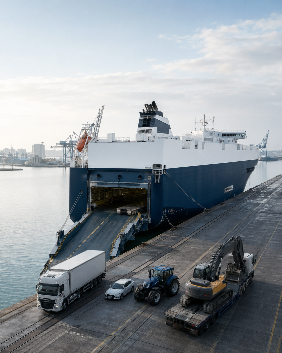 A large RoRo vessel docked at a port terminal with its stern ramp lowered, lined up with a semi-truck, passenger car, tractor, and an excavator on a flatbed trailer ready for loading.