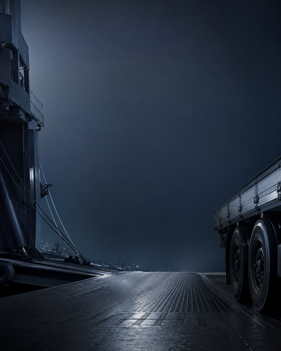 A flatbed truck trailer parked on the loading ramp of a RoRo vessel at night.