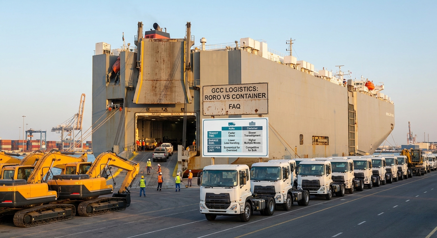 Operational documentary view of roro vs container faq: transit time, damage risk, and cost per unit in UAE logistics corridor