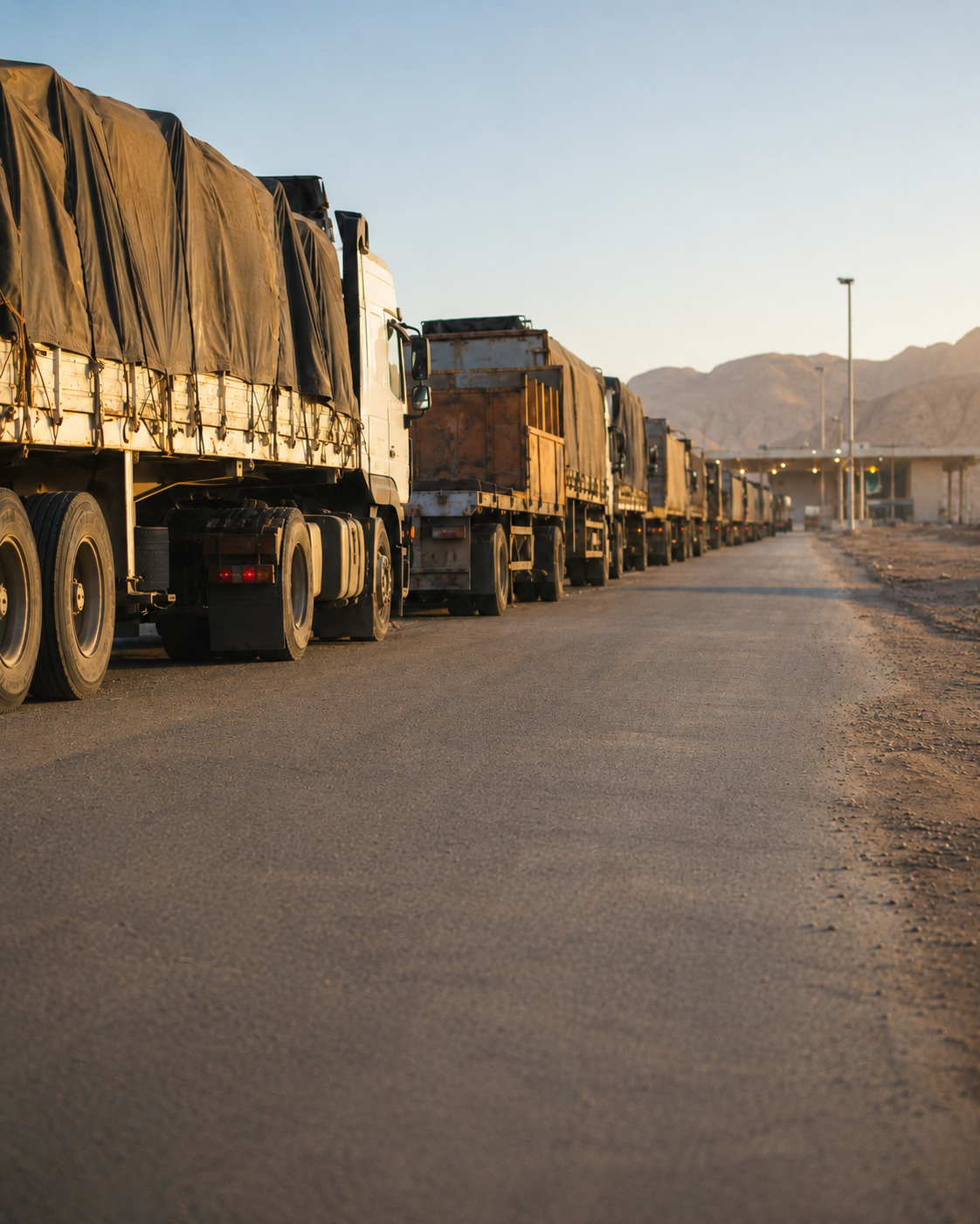 A long queue of heavy cargo trucks lined up along a desert road approaching a border or customs clearance checkpoint.